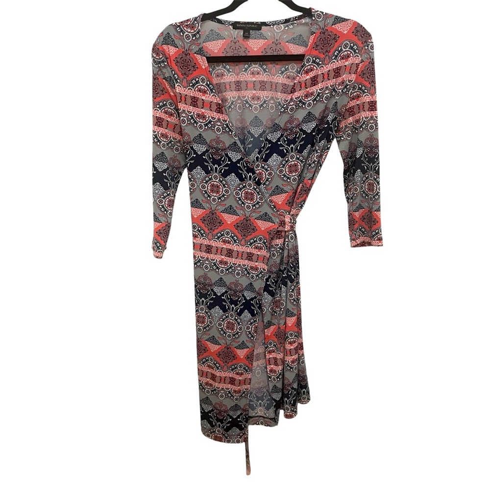 Banana Republic Wrap Dress Womens XS Pink Grey Black Medallion Paisley